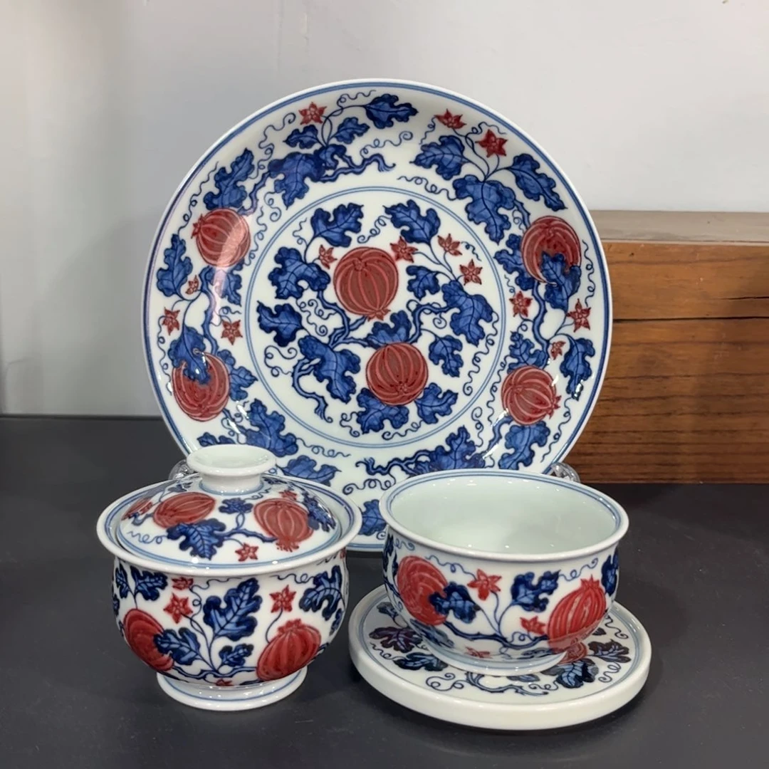 青花釉里红西瓜紋四件套 可拆分