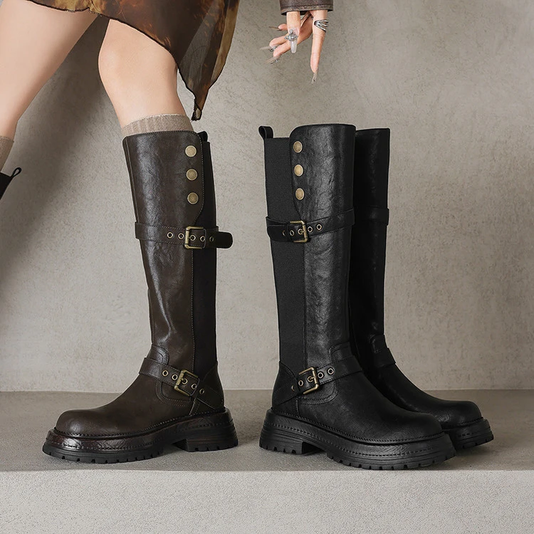 4.5cm 韩版百搭舒适厚底骑士靴秋冬法式气质简约时尚皮带扣高筒靴