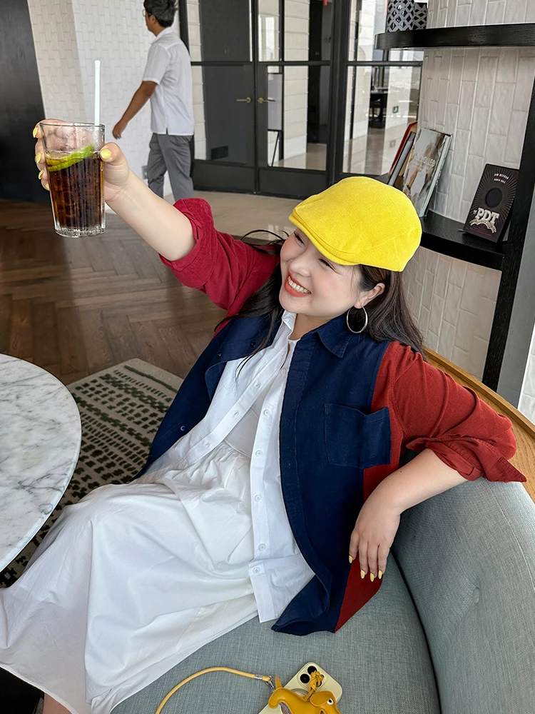 复古拼色衬衫/胖mm大码设计款 中古风衬衫