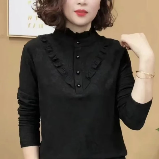 秋冬新款时尚气质百搭半高领木耳边套头减龄显瘦打底衫