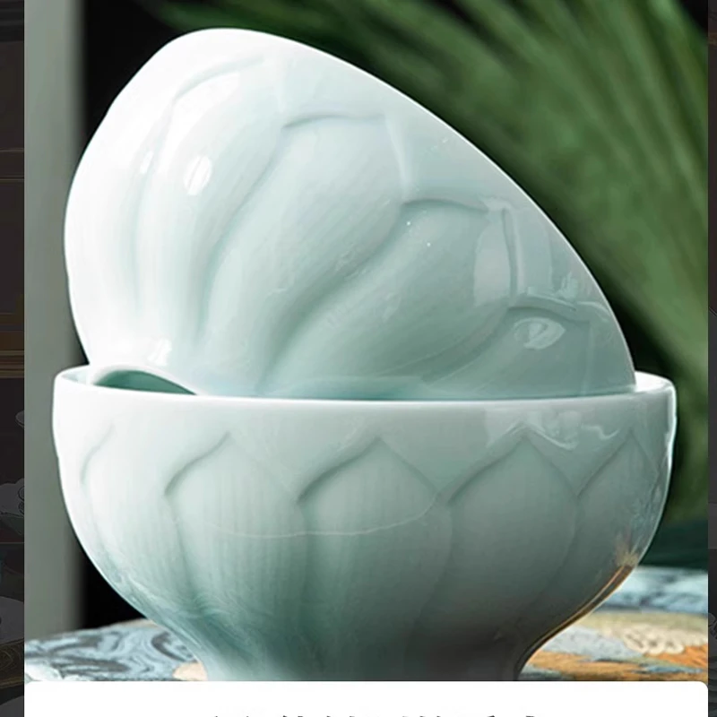 【釉下彩影青荷花碗盘】餐具碗碟菜盘子景德镇加厚米饭碗汤面碗家用