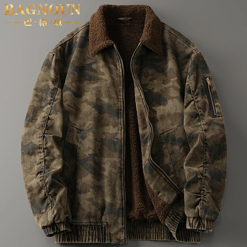 巴格奴夹克男士冬季新款时尚重磅加绒迷彩美式复古宽松羊羔绒外套
