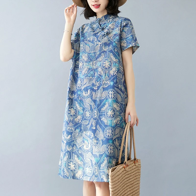 2025夏复古文艺大码印花改良旗袍宽松中长款胖mm显瘦遮肚连衣裙女