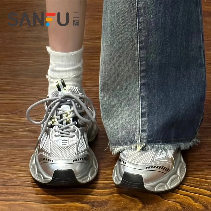 三福厚底老爹鞋女2025新款女款夏季女鞋子爆款银色增高跑步休闲运