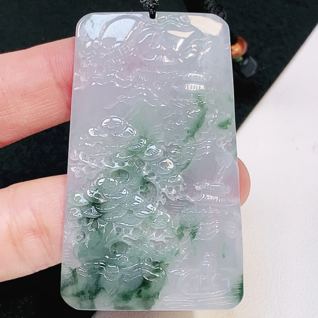 冰飘花飘绿翡翠山水牌吊坠 天然翡翠A货 山水牌子