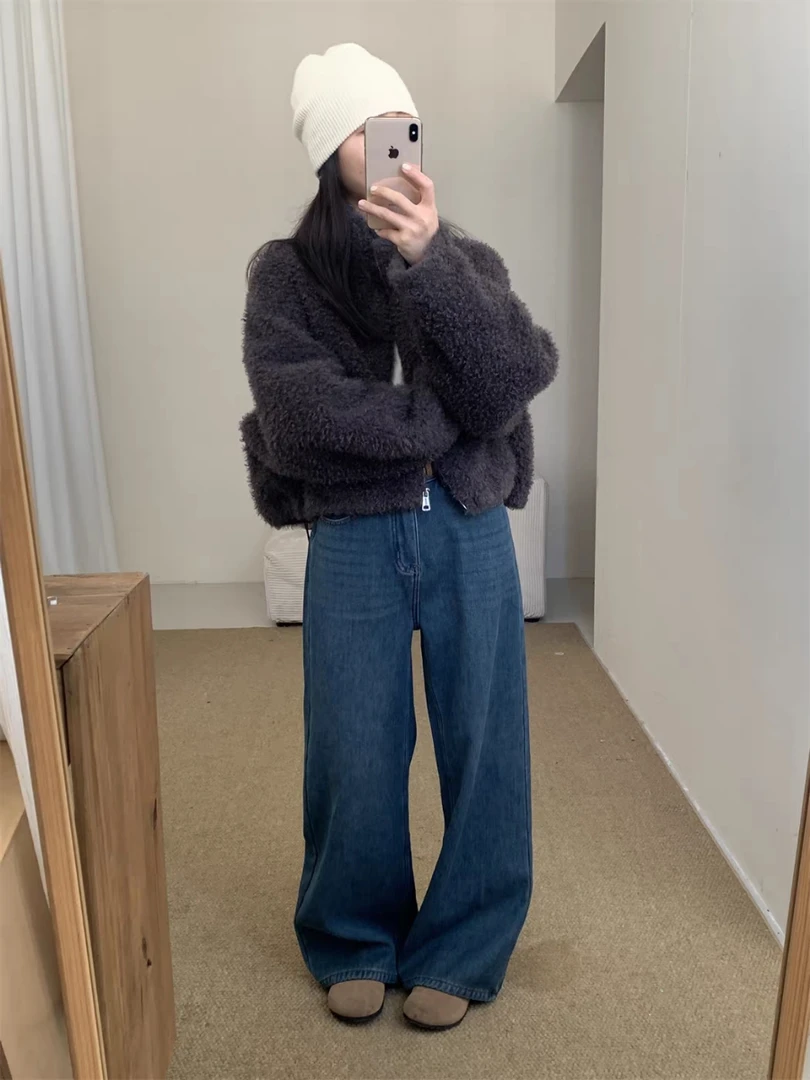 691#韩系立领短款毛毛外套女冬季新款亲肤保暖上衣拉链休闲百搭