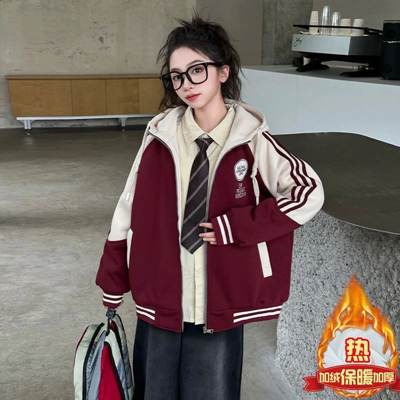 女童棒球服加绒外套2025新款洋气韩版儿童加厚新年服连帽上衣冬款