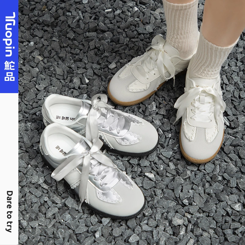 鮀品2025新款鞋子女款秋冬蕾丝芭蕾风银色德训鞋时尚休闲百搭女鞋