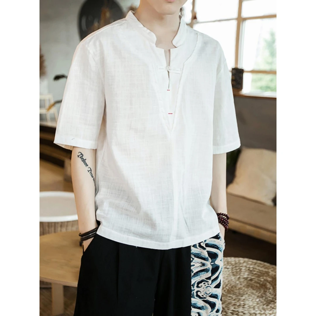 白色亚麻t恤男款夏季潮流v领中国风短袖宽松大码男装棉麻半袖上衣