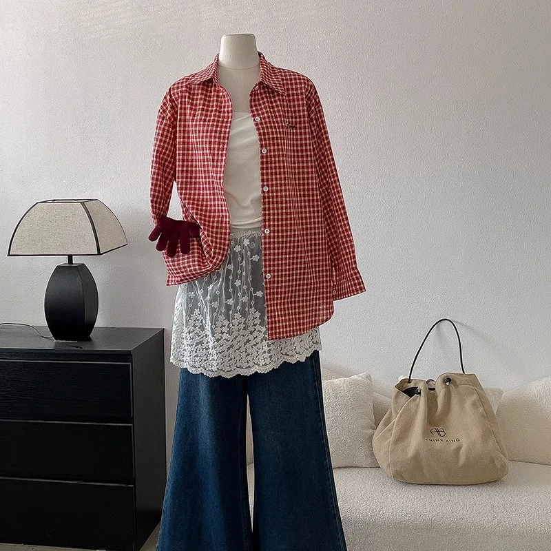 优品腊肠小狗格子衬衫女春秋新款韩系慵懒格纹外套小个子上衣