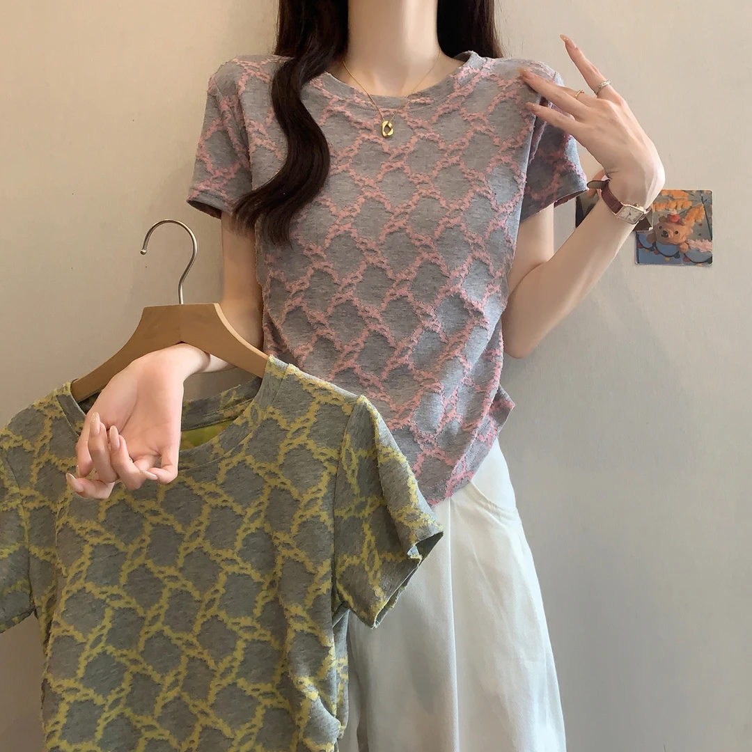 yoewshean/羽媗夏季微胖mm菱格撞色短袖t恤大码女装上衣宽松显瘦