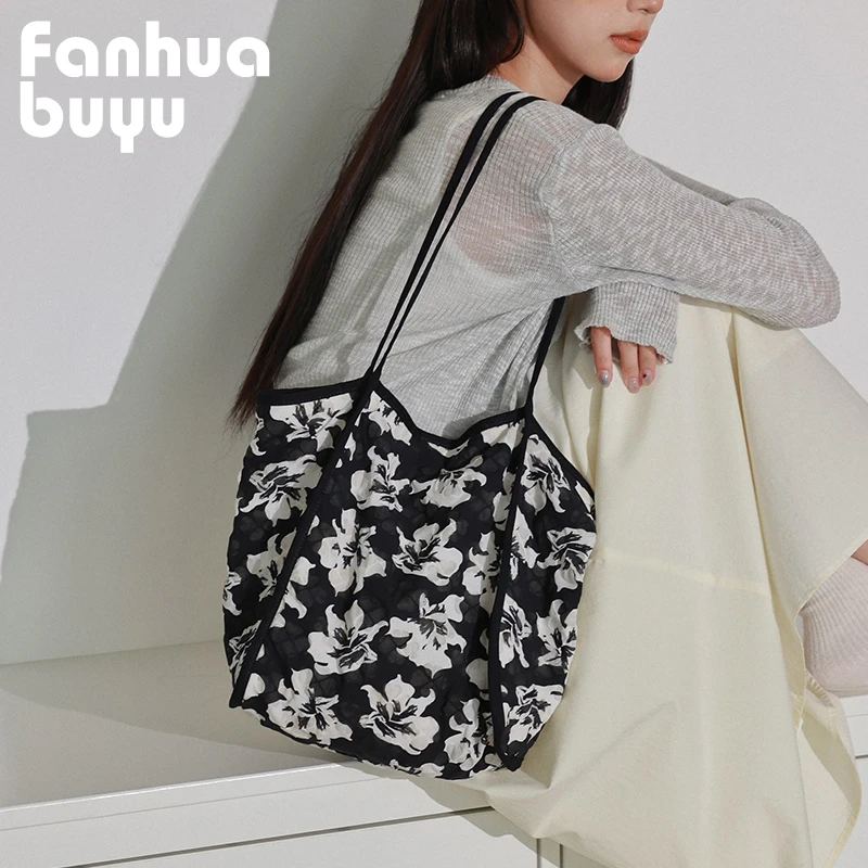 梵花不语新款紫荆花单肩包女大容量简约帆布包夏款水桶包手提包