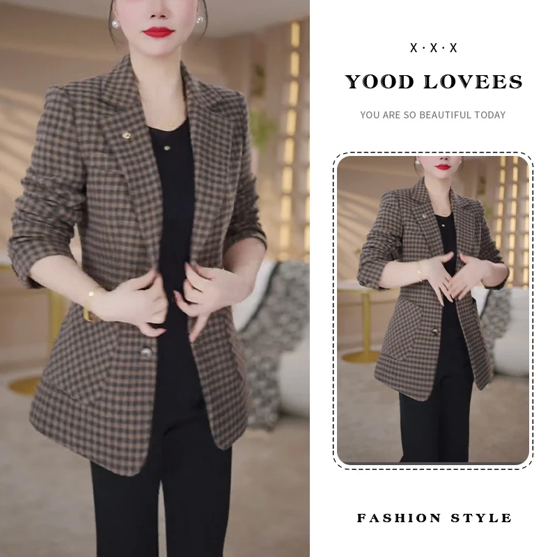 秋冬新款西服高档开衫上衣洋气气质格子时尚西装外套显瘦西装领女