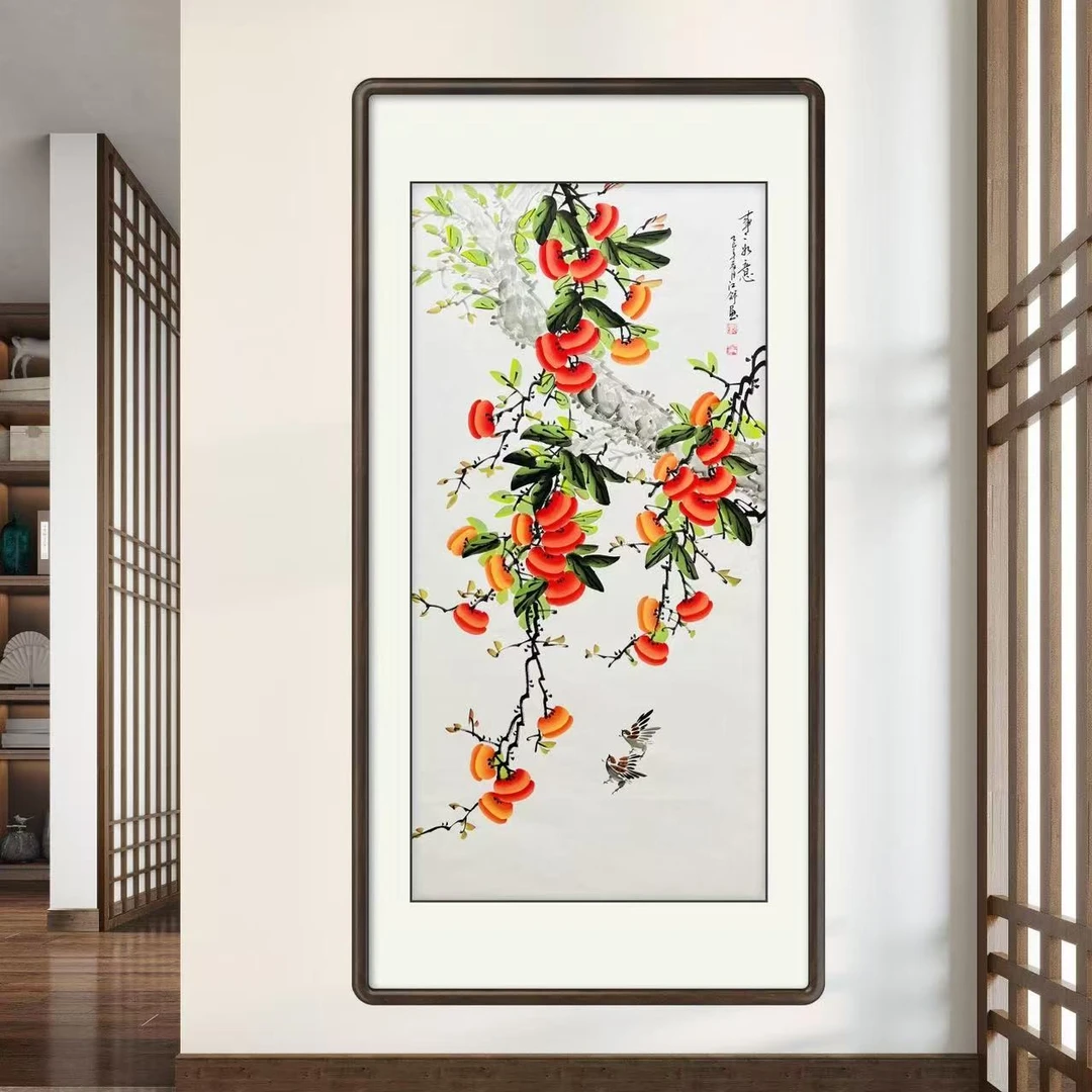 《事事如意》手工画柿子竖幅四尺国画作品餐厅玄关茶室书房文玩探宝