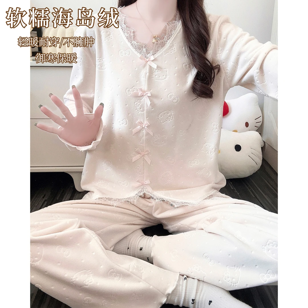 温柔风睡衣女秋冬季长袖蝴蝶结2025新款少女保暖海岛绒家居服套装