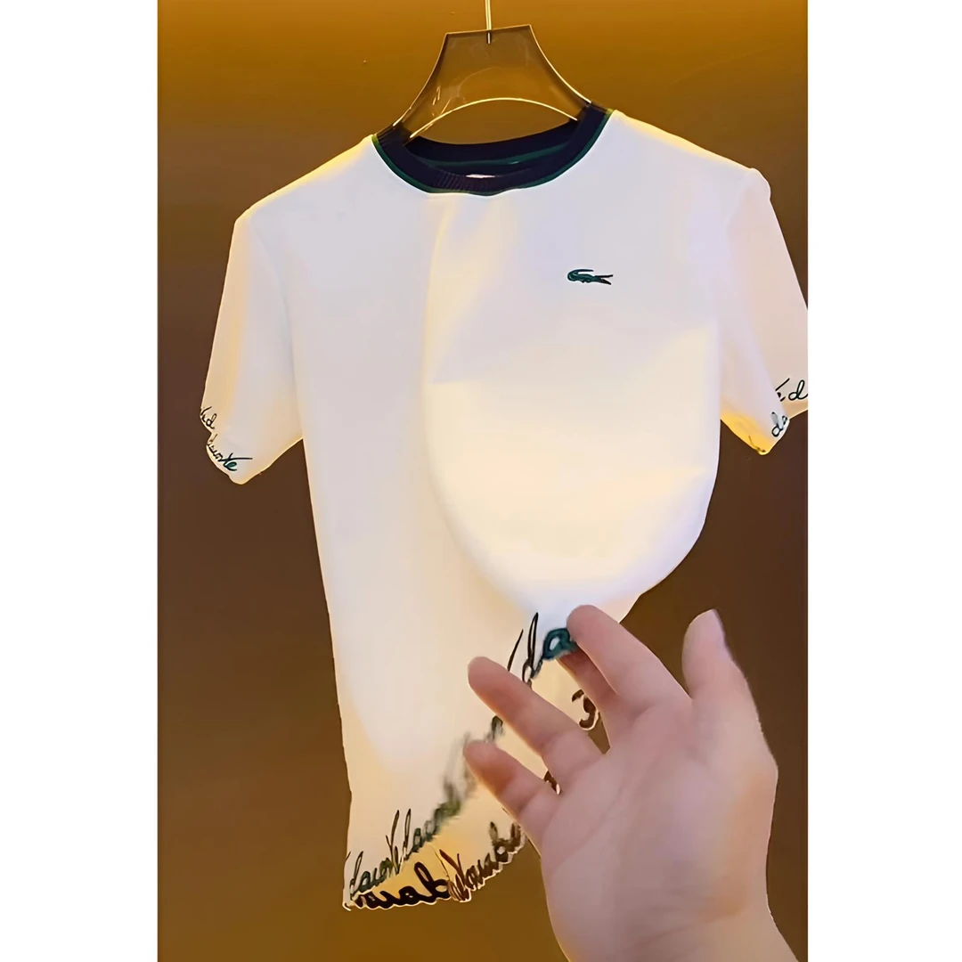 欧货轻奢高定大牌男装上衣2025夏季新款字母刺绣撞色圆领短袖T恤