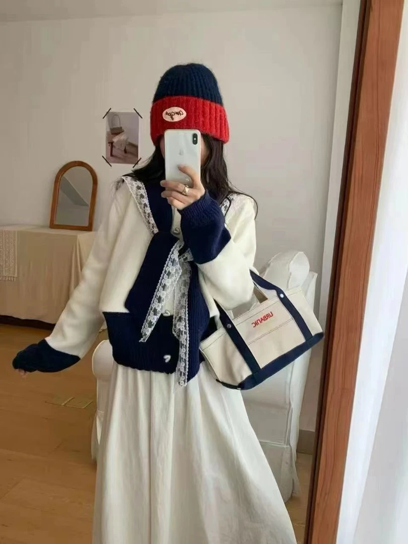 蕾丝拼接披肩海军领两件套开衫女毛衣韩版针织衫毛衣撞色宽松版