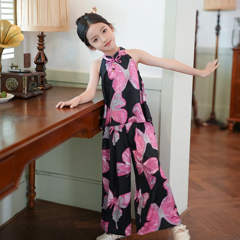 80272A女童套装2025新款夏装儿童新中式蝴蝶印花挂脖无袖上衣洋气