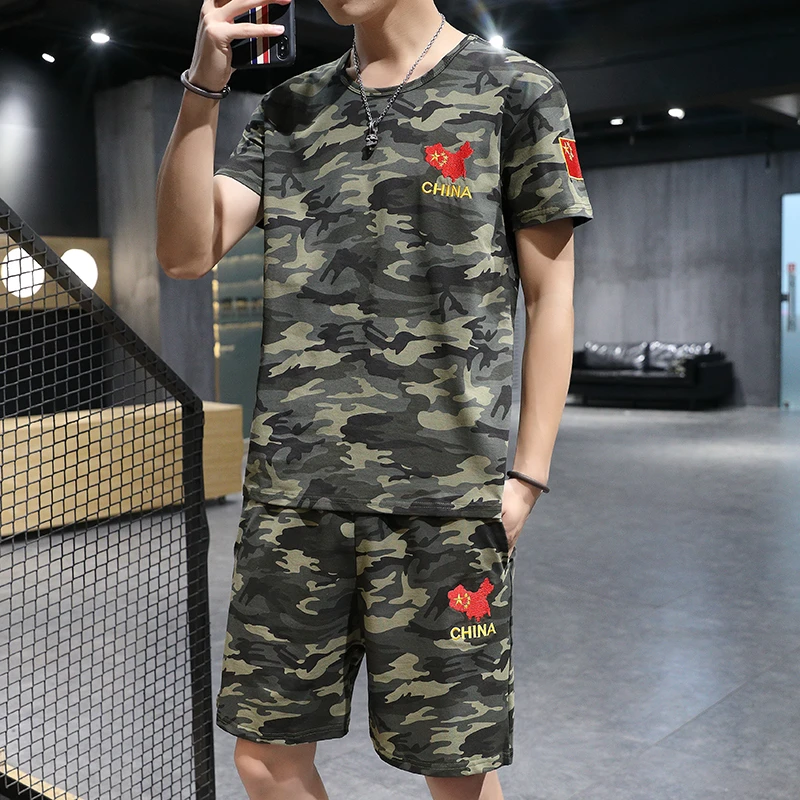 夏季爆款迷彩短袖t恤男士圆领宽松剌绣加大码军训半袖迷彩服男衫