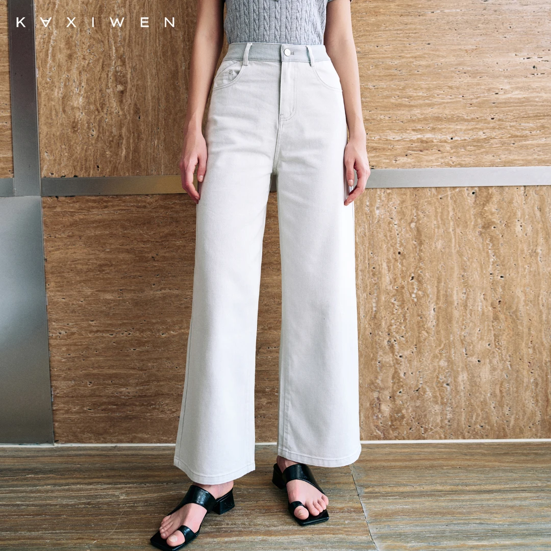 佧茜文简约拼色显瘦牛仔裤【夏新】高腰拼接宽松阔腿裤D03AKW6660