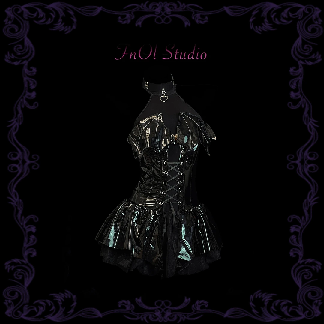 「FnOl Studio」恶魔千金 黑色辣妹挂脖显瘦收腰性感小恶魔cos套装