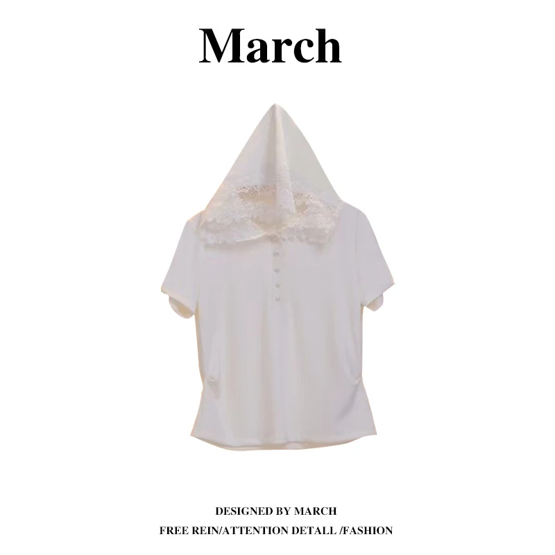 大码蕾丝花边连帽白色短袖t恤夏季新款胖MM遮肚正肩上衣小衫11573