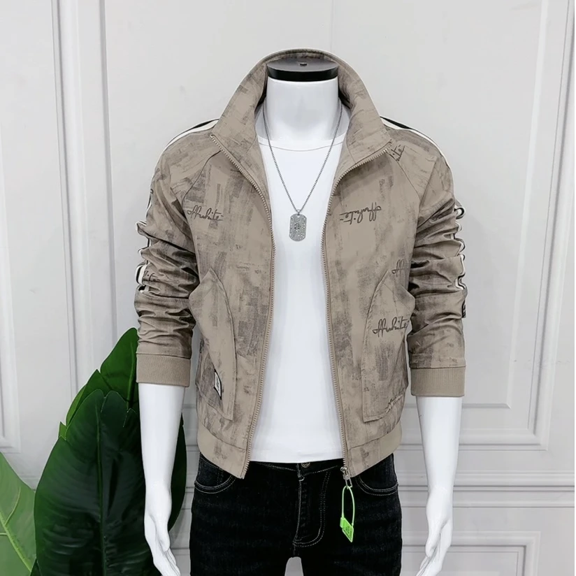 新款男士时尚潮流修身休闲男装外套百搭帅气轻奢迷彩立领春秋夹克