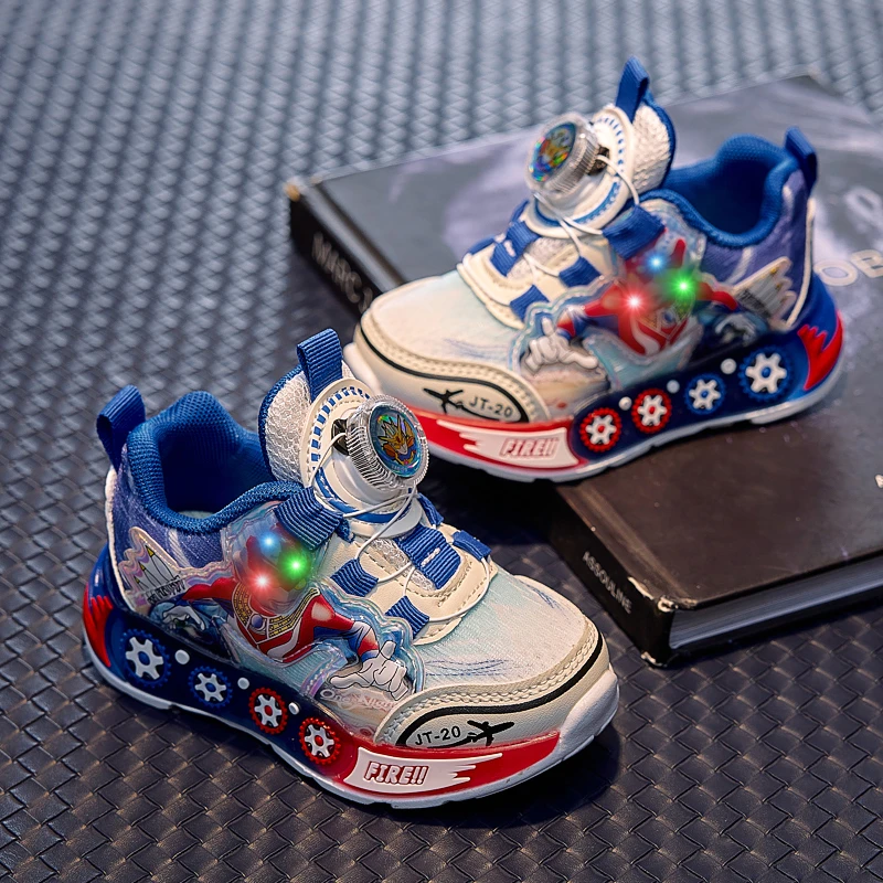 男童春秋网面透气不闷脚儿童运动鞋亮灯旋转纽扣轻便中小童跑步鞋