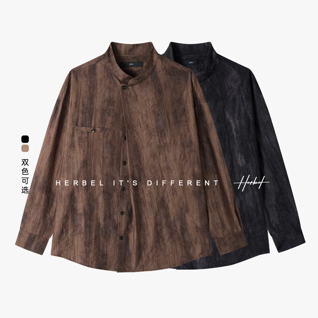 HERBEL/黑白新款文艺风男秋季长袖衬衫渐变水洗新中式国风衬衣