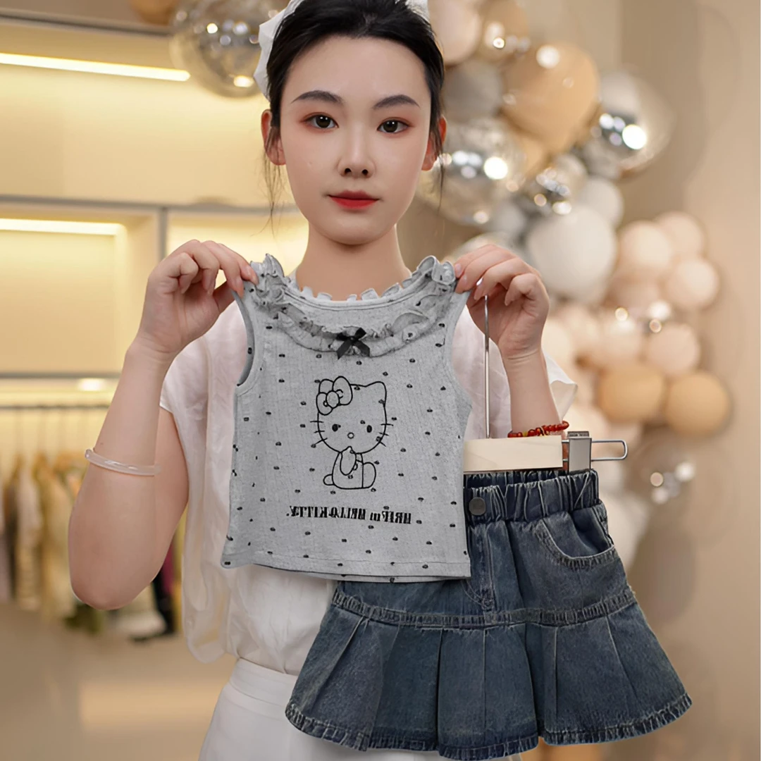 儿童夏季套装2025新款女童时髦无袖背心洋气女宝宝牛仔短裙两件套