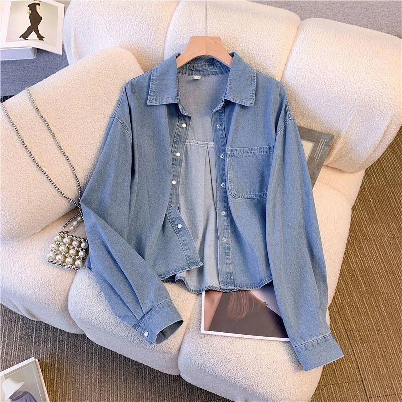 港风牛仔外套女春秋2023新款宽松显瘦百搭小个子衬衫夹克休闲上衣