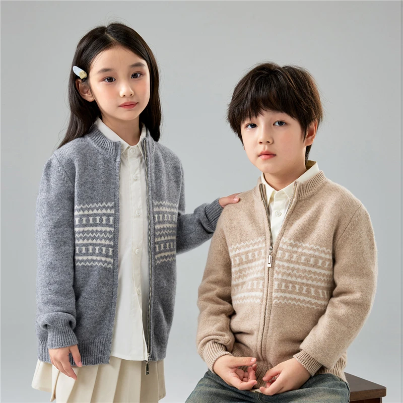 秋冬季男女儿童加厚半高羊毛外套圆领拉链针织毛衣开衫