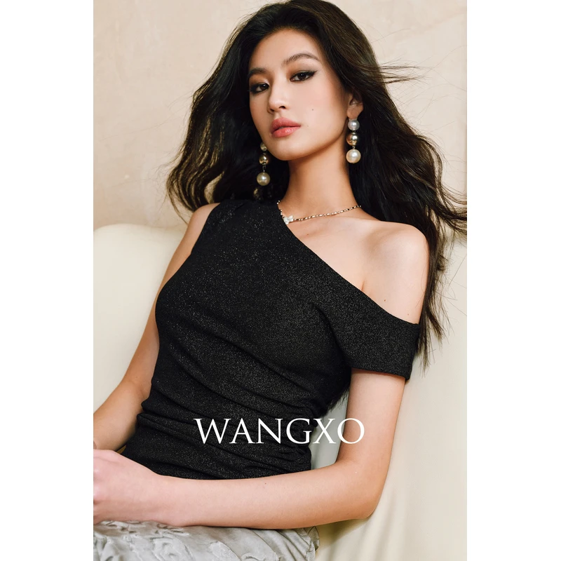 WANGXO 百搭多穿斜肩抽褶修身上衣 253135W