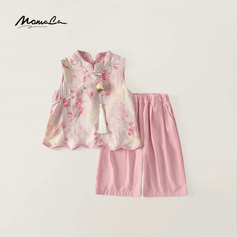 MOMOCO新款夏季时尚复古风千金风绣花背心阔腿裤套装77620580081