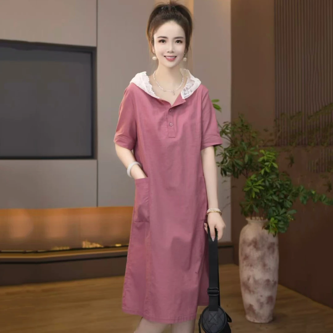 9085夏季新款韩版2025宽松休闲短袖带帽连衣裙女