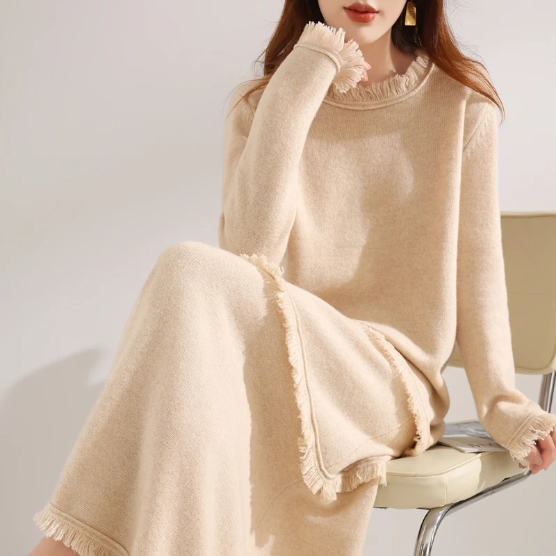 法式小香风！100%羊毛衫圆领流苏边加厚套装+羊毛半身裙两件套PY09