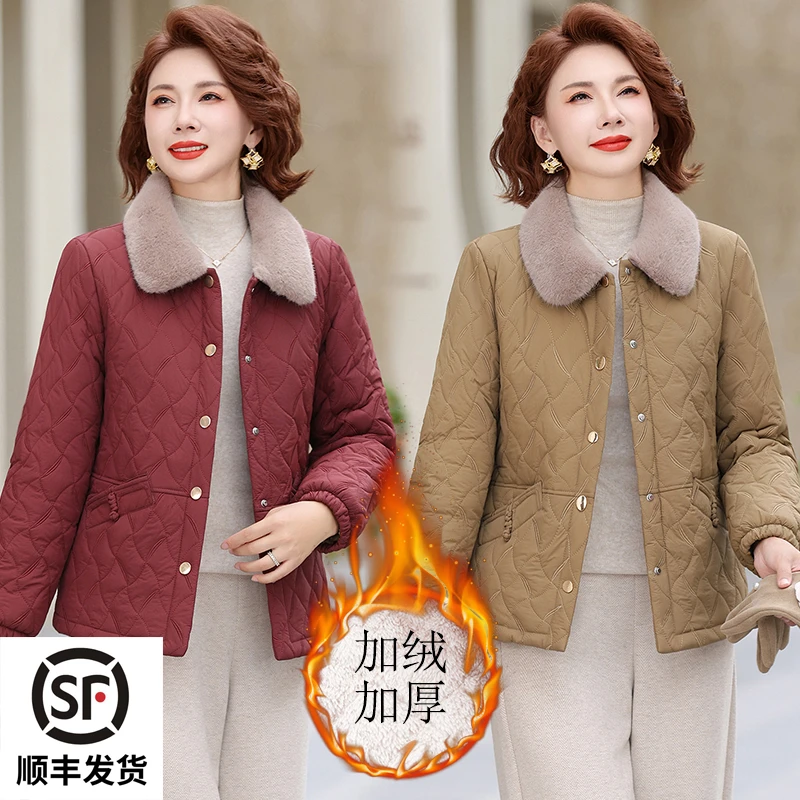 中年妈妈冬装加绒保暖翻领小棉衣短款中老年女装洋气保暖棉袄外套