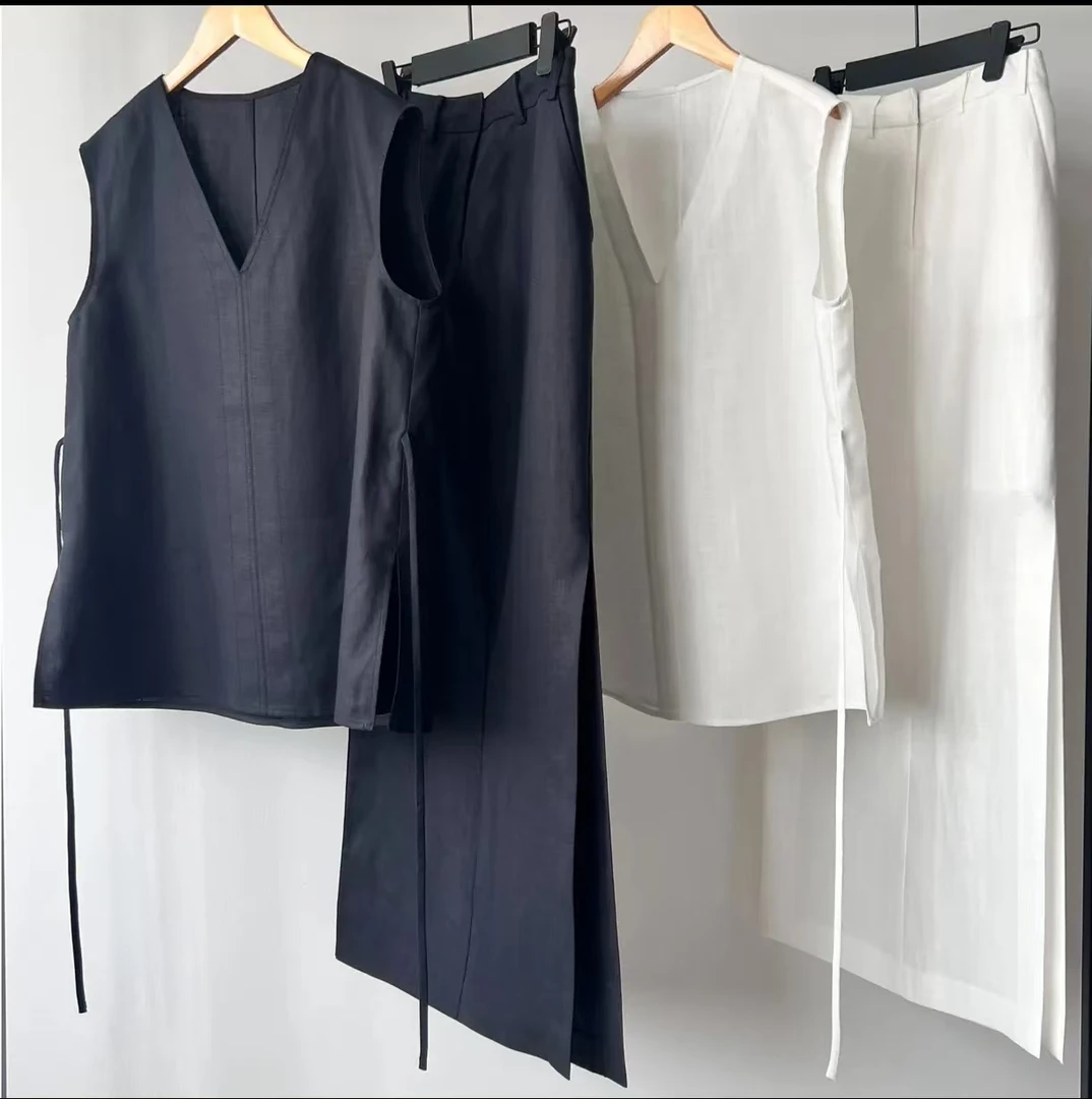 （财阀套装）天丝亚麻时尚休闲纯色无袖夏季开叉通勤套装