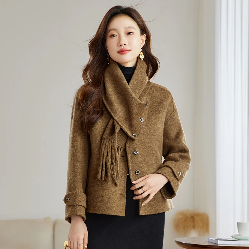 秋冬季女装新款可拆卸围巾领小个子短款气质双面羊毛呢外套呢子