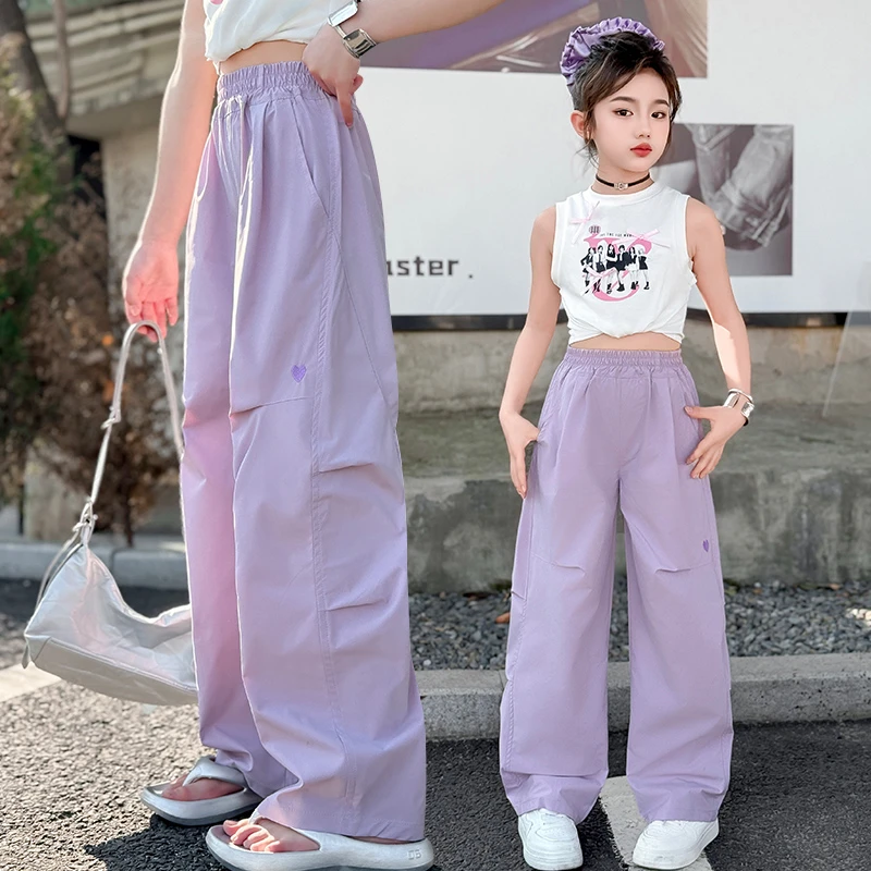 女童工装裤夏季薄款小学生女大童夏天宽松冰丝夏装阔腿裤儿童裤子