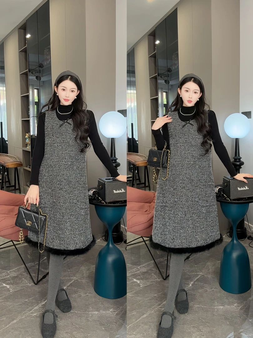 2025秋冬季新款孕妇毛呢中长款高质量显瘦时尚洋气连衣裙套装外穿