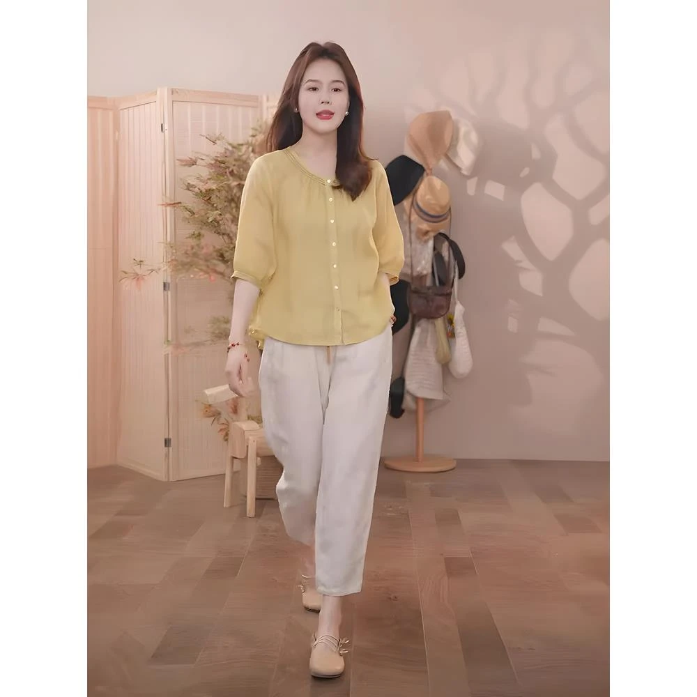 韩系高级感穿搭套装女2025夏装小个子慵懒风减龄黄色上衣裤子套装
