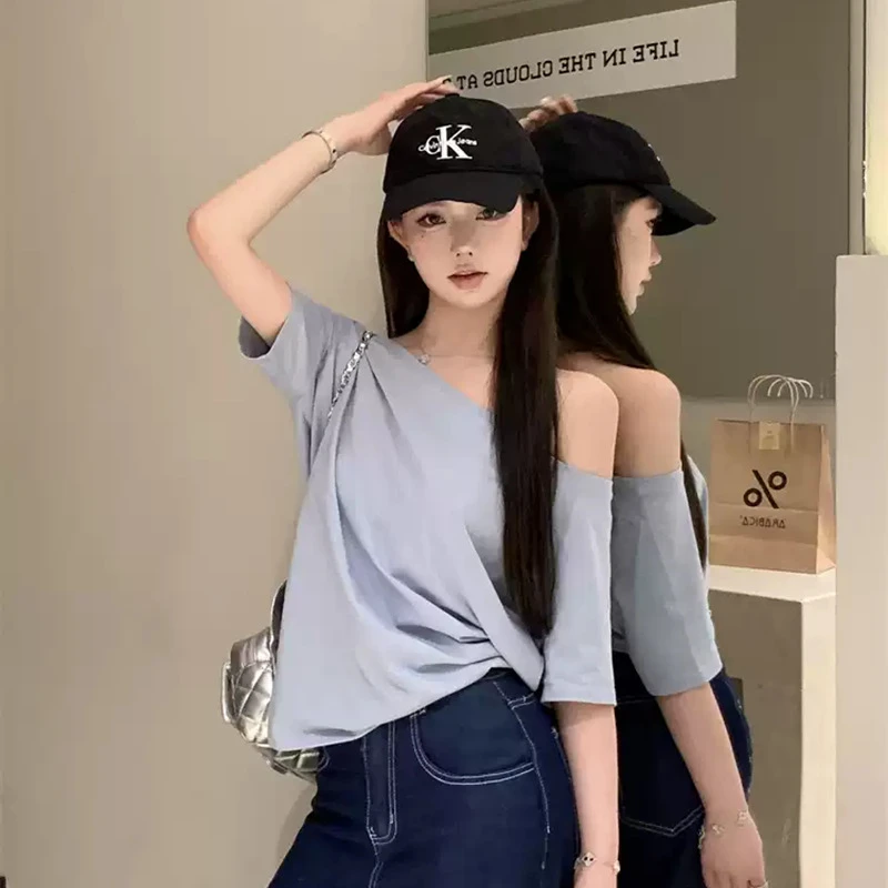 灰色小个子设计感斜肩时尚短袖T恤女夏季宽松显瘦洋气纯欲风上衣