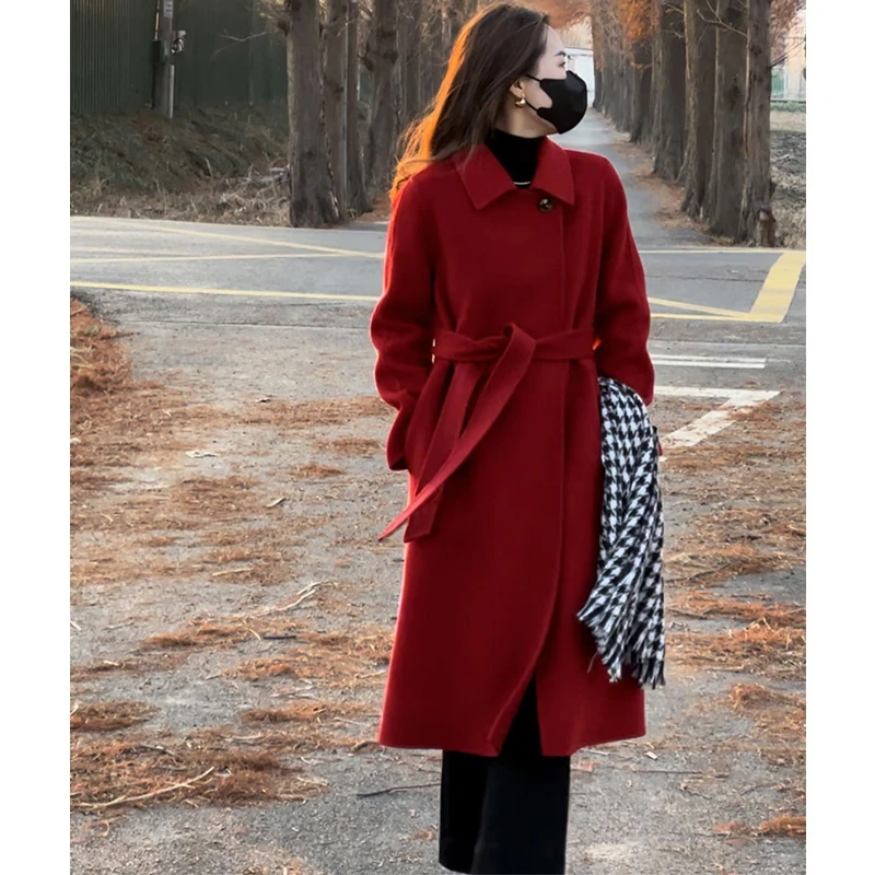 2025秋冬双面100%羊毛呢大衣时尚气质百搭中长款毛呢外套女ZJ001