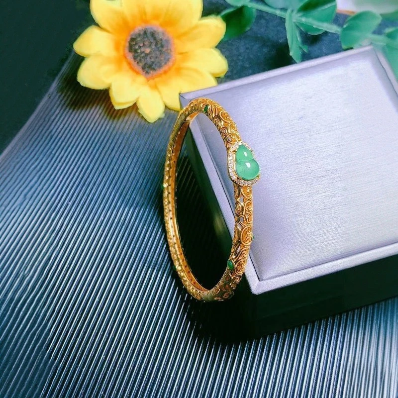 纯铜玻璃手镯 花丝祥云葫芦碧金镶古法轻奢金色新中式国风手镯女