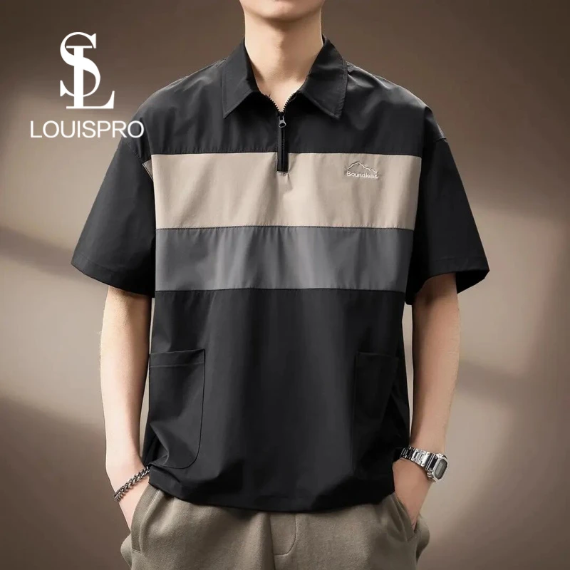 Louispro高端美式撞色拼接速干Polo衫男夏季宽松大码百搭