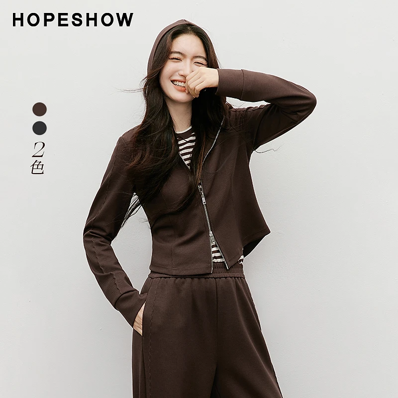 红袖2025秋女装 刺绣特种绣结构线正肩连帽卫衣外套90125282102