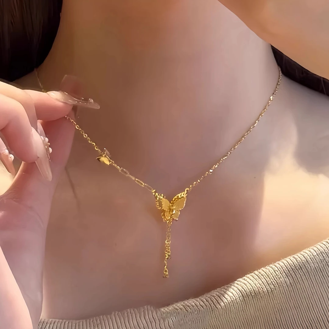 超闪小蝴蝶流苏项链女 时尚百搭设计感链子