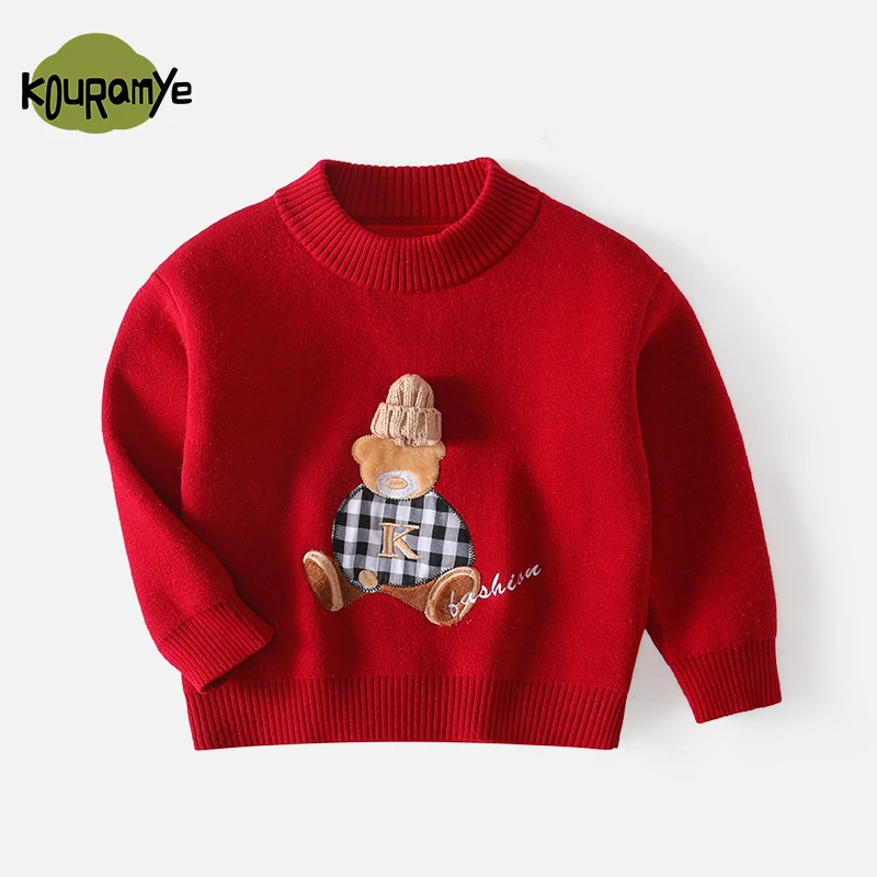 米巴布秋冬儿童新款一体绒上衣中小男女童舒适百搭小熊毛衣4756