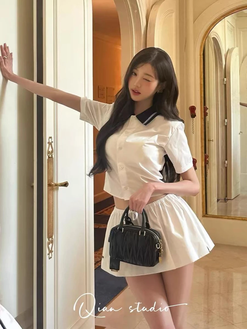 巴黎时装周明星同款学院风白色制服领jk上衣条纹领水手服运动短裙